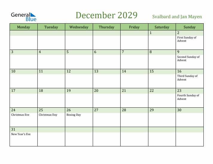 December 2029 Calendar with Svalbard and Jan Mayen Holidays