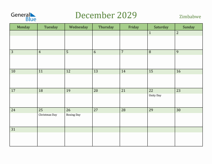 December 2029 Calendar with Zimbabwe Holidays