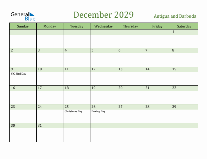 December 2029 Calendar with Antigua and Barbuda Holidays