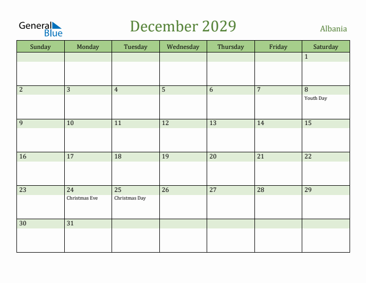 December 2029 Calendar with Albania Holidays