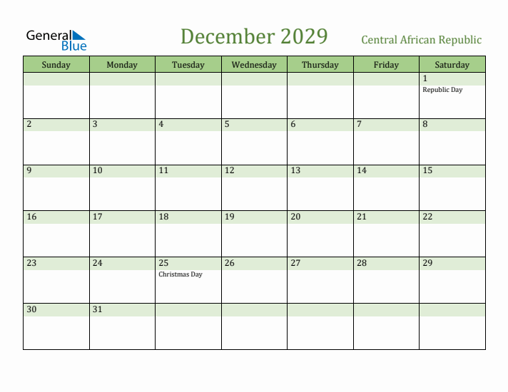 December 2029 Calendar with Central African Republic Holidays