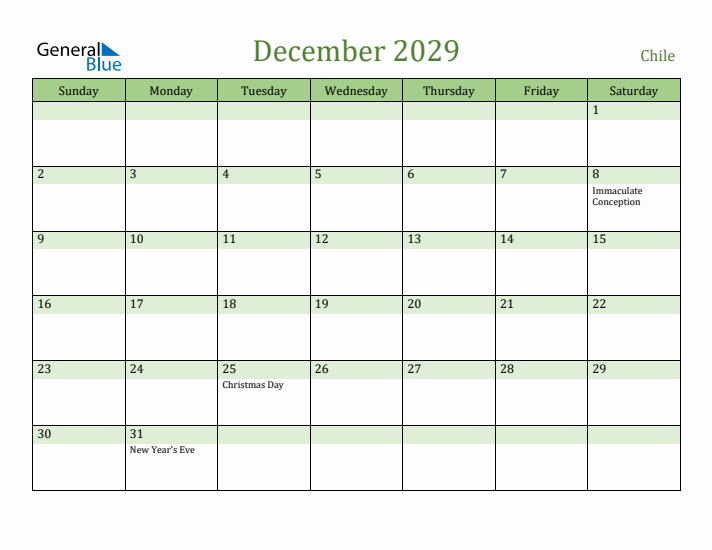 December 2029 Calendar with Chile Holidays