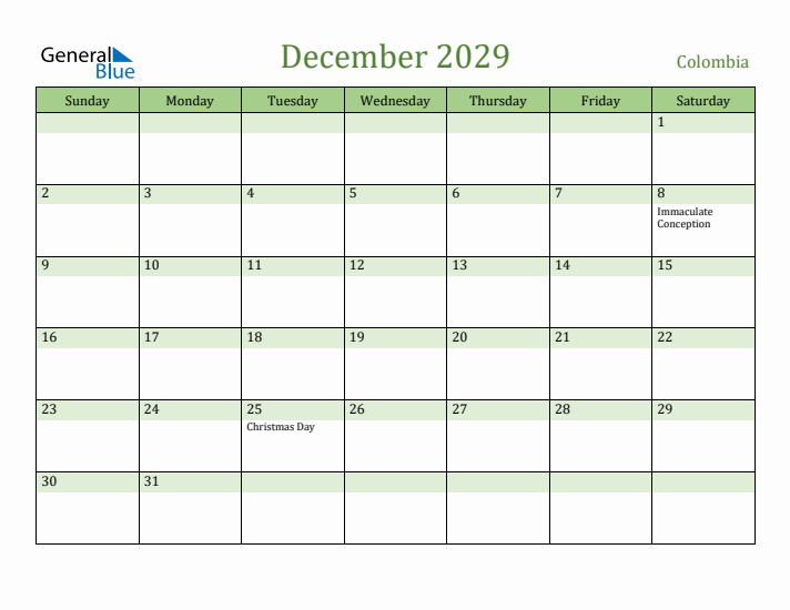 December 2029 Calendar with Colombia Holidays