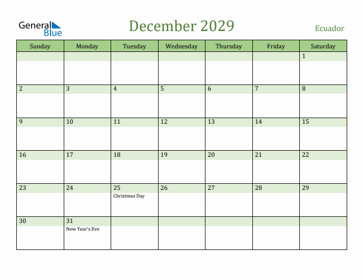 December 2029 Calendar with Ecuador Holidays