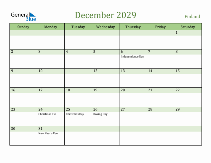 December 2029 Calendar with Finland Holidays