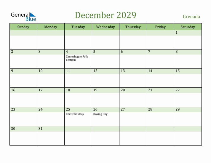 December 2029 Calendar with Grenada Holidays