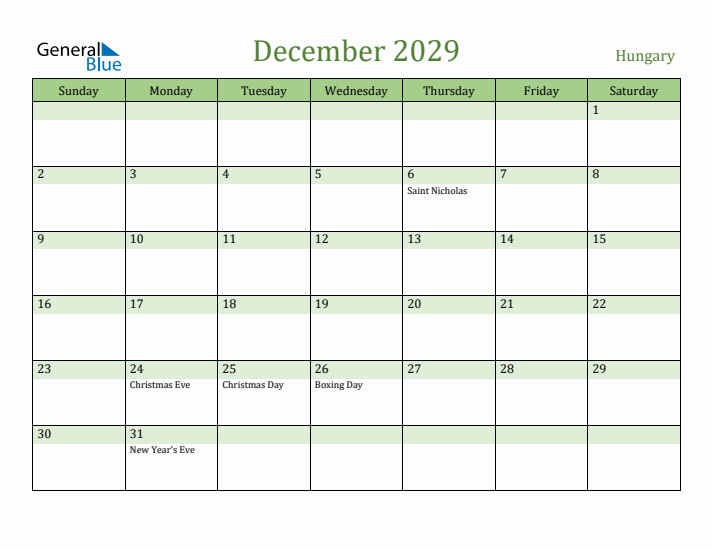 December 2029 Calendar with Hungary Holidays