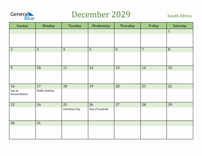 December 2029 Calendar with South Africa Holidays