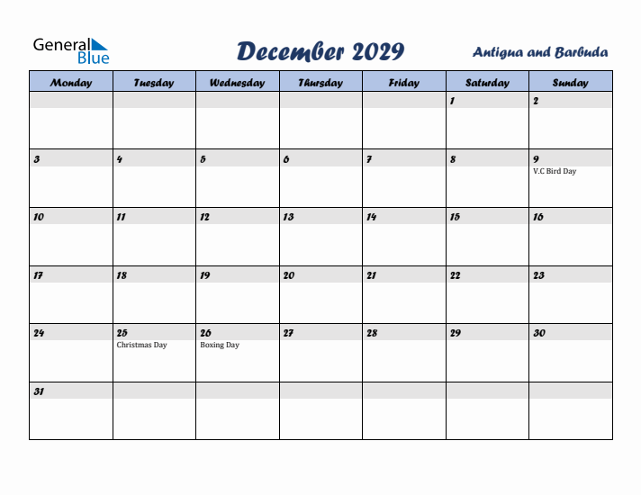 December 2029 Calendar with Holidays in Antigua and Barbuda