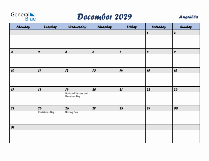 December 2029 Calendar with Holidays in Anguilla