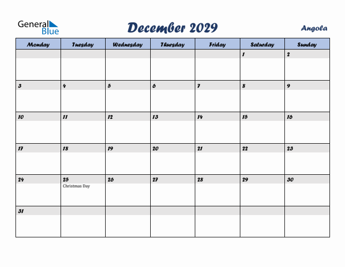 December 2029 Calendar with Holidays in Angola