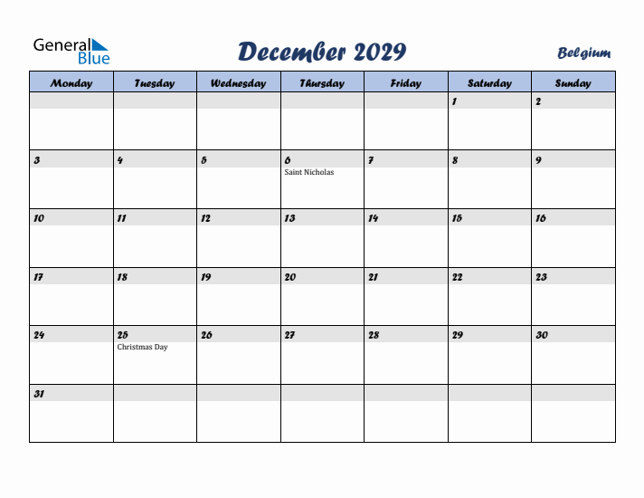 December 2029 Calendar with Holidays in Belgium