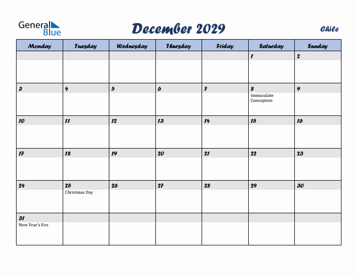 December 2029 Calendar with Holidays in Chile