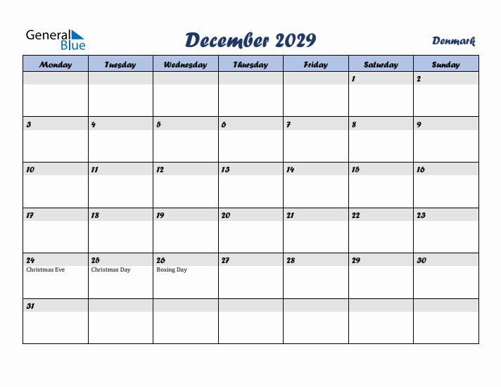 December 2029 Calendar with Holidays in Denmark