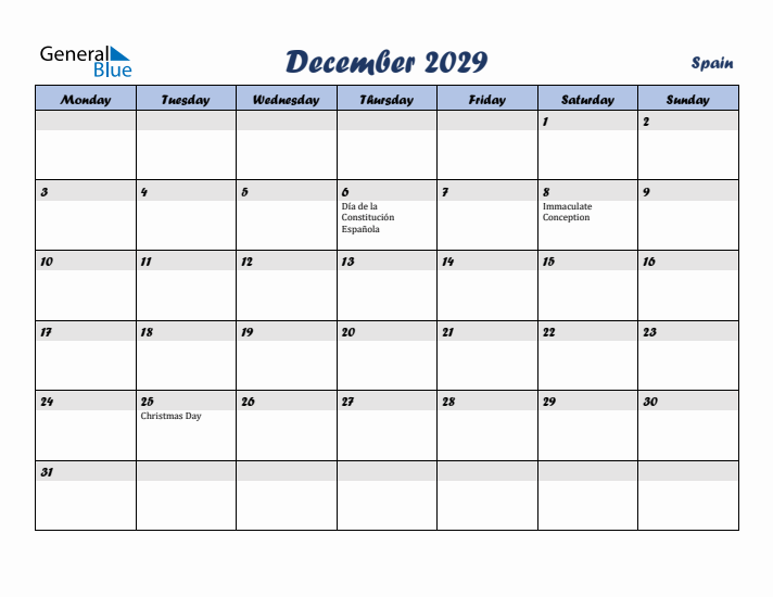 December 2029 Calendar with Holidays in Spain