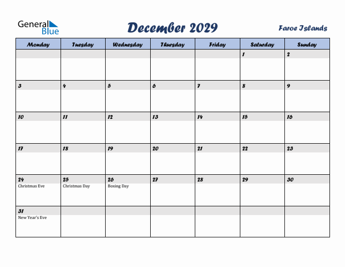 December 2029 Calendar with Holidays in Faroe Islands