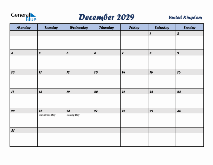 December 2029 Calendar with Holidays in United Kingdom