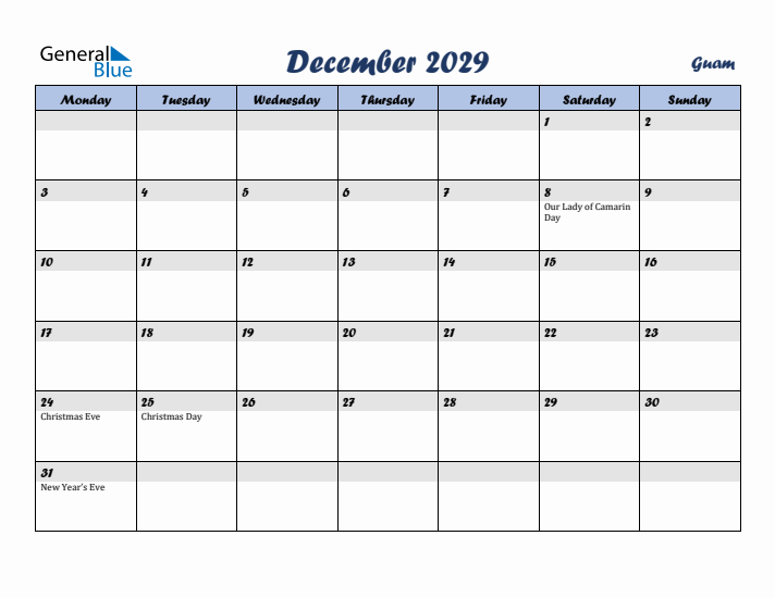 December 2029 Calendar with Holidays in Guam