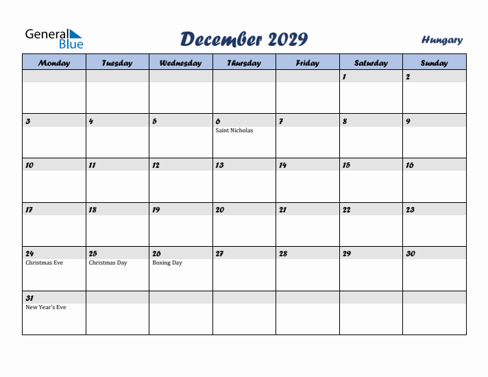 December 2029 Calendar with Holidays in Hungary