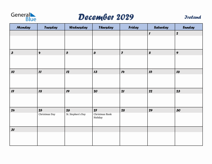 December 2029 Calendar with Holidays in Ireland