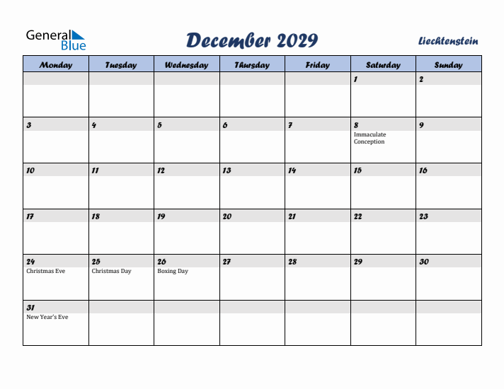 December 2029 Calendar with Holidays in Liechtenstein