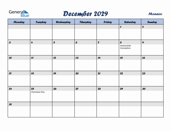 December 2029 Calendar with Holidays in Monaco