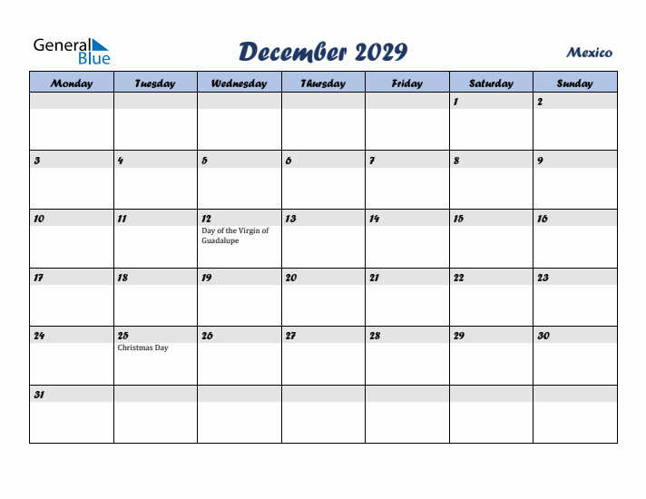 December 2029 Calendar with Holidays in Mexico