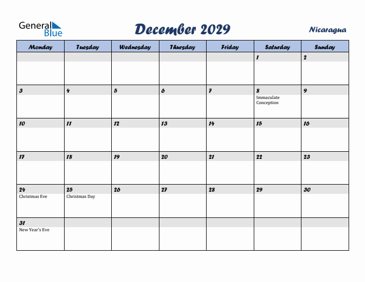 December 2029 Calendar with Holidays in Nicaragua