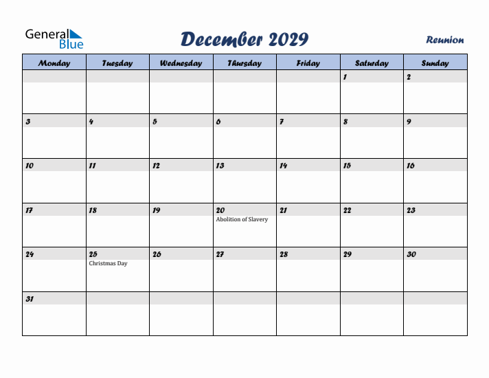 December 2029 Calendar with Holidays in Reunion