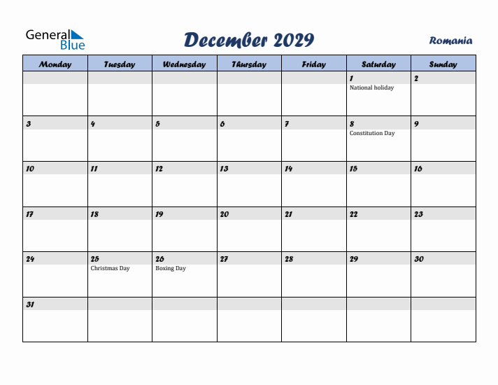 December 2029 Calendar with Holidays in Romania