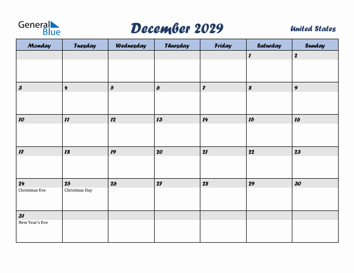 December 2029 Calendar with Holidays in United States