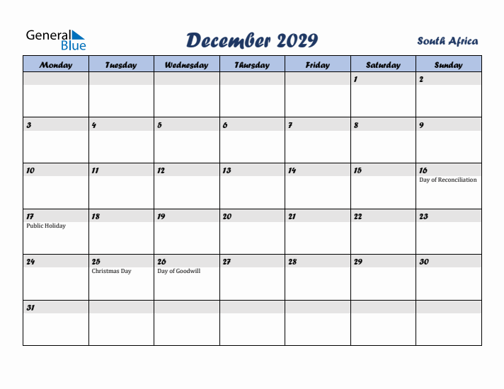 December 2029 Calendar with Holidays in South Africa