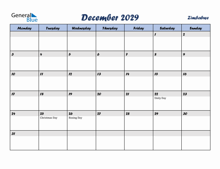 December 2029 Calendar with Holidays in Zimbabwe