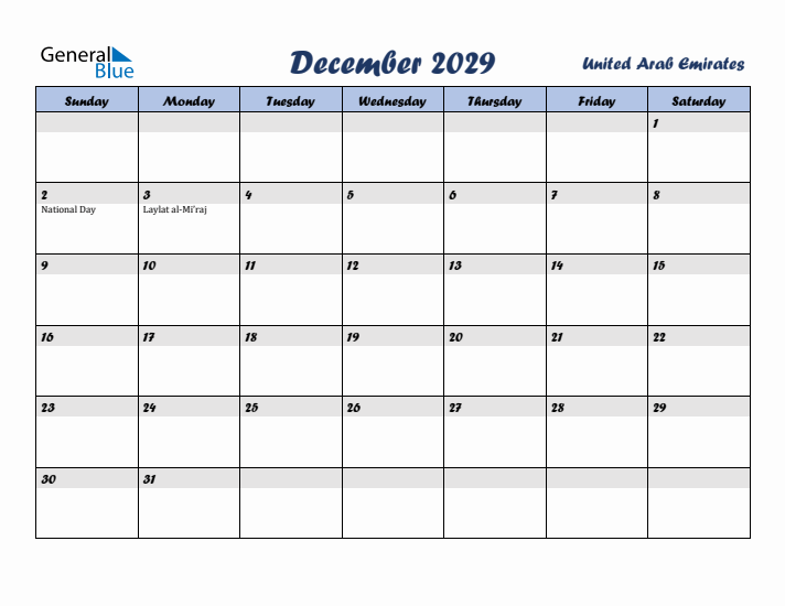 December 2029 Calendar with Holidays in United Arab Emirates