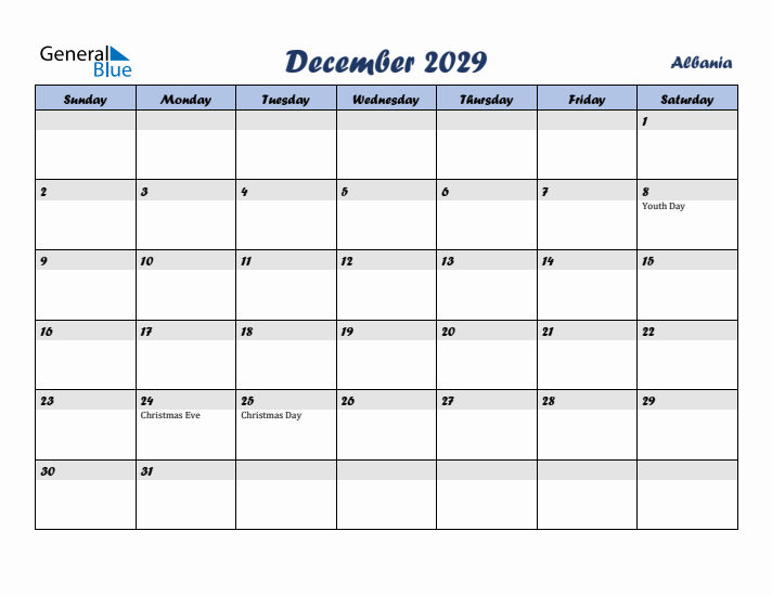 December 2029 Calendar with Holidays in Albania