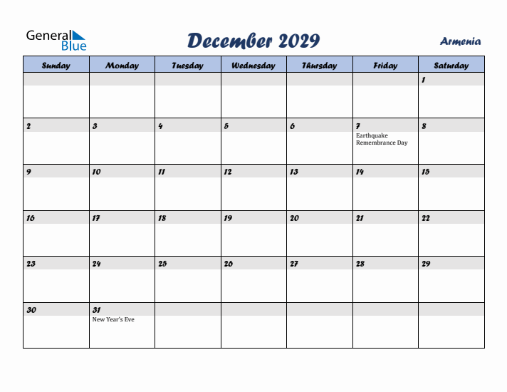 December 2029 Calendar with Holidays in Armenia