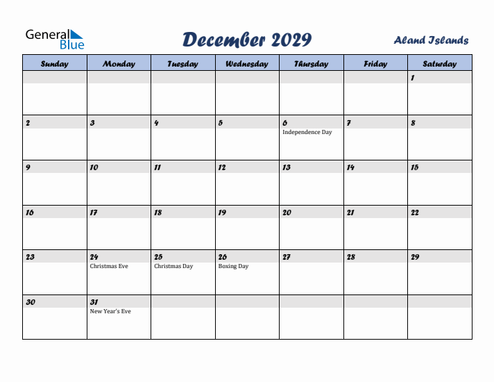 December 2029 Calendar with Holidays in Aland Islands