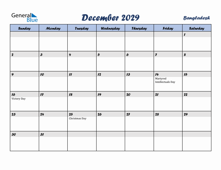 December 2029 Calendar with Holidays in Bangladesh