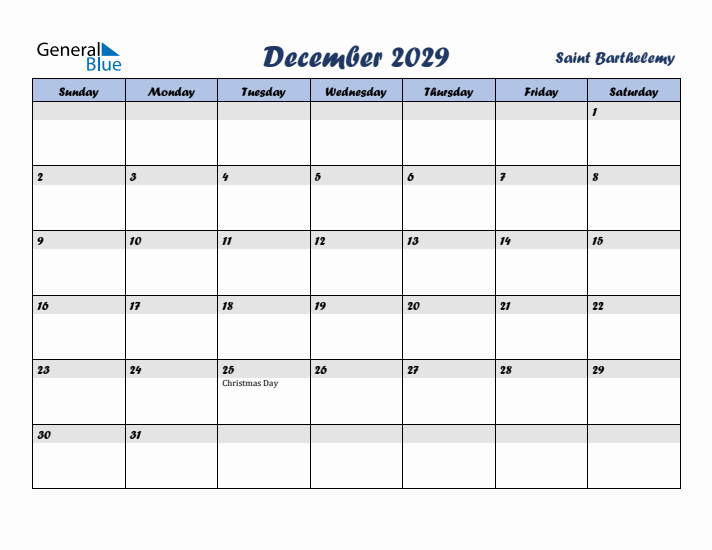 December 2029 Calendar with Holidays in Saint Barthelemy