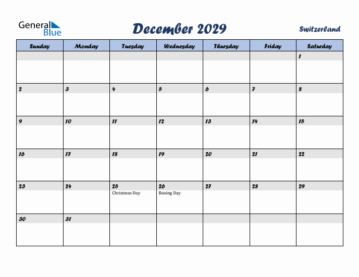 December 2029 Calendar with Holidays in Switzerland