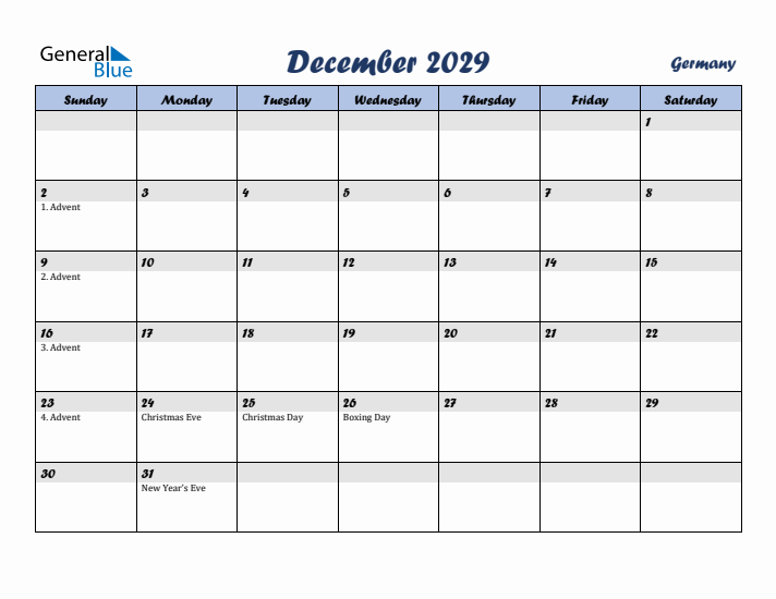 December 2029 Calendar with Holidays in Germany