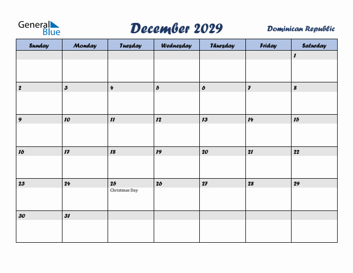 December 2029 Calendar with Holidays in Dominican Republic