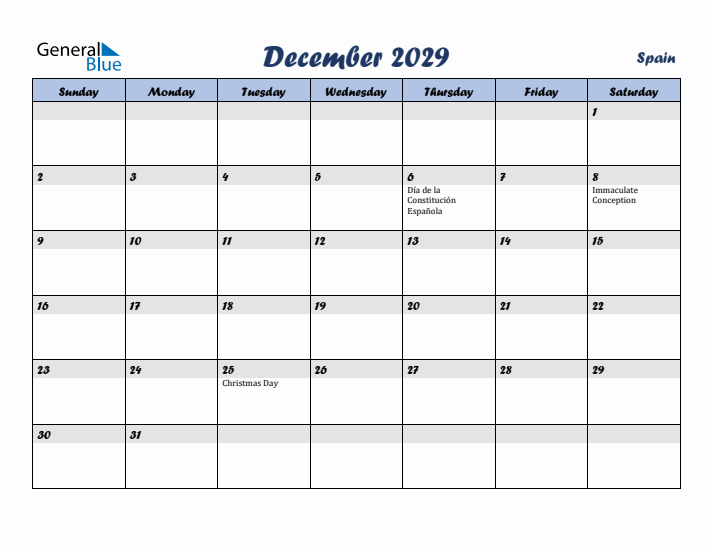 December 2029 Calendar with Holidays in Spain