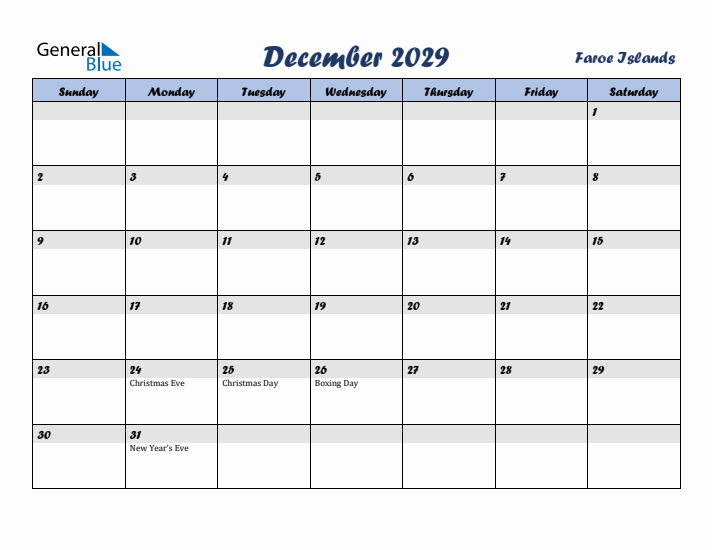 December 2029 Calendar with Holidays in Faroe Islands