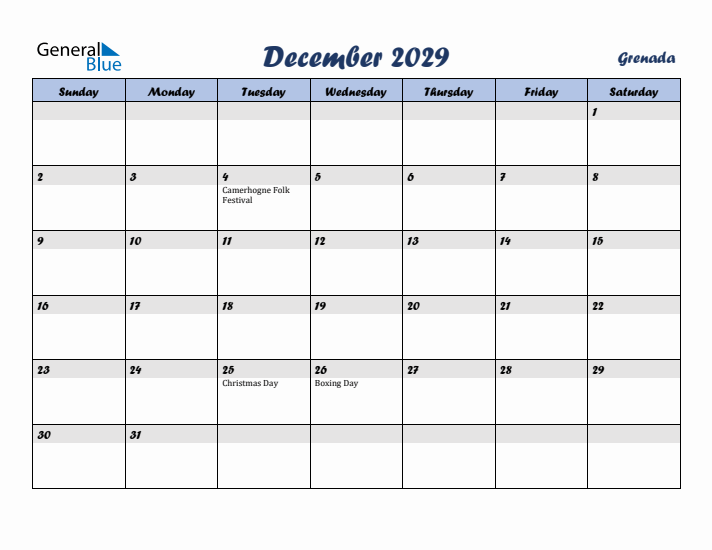 December 2029 Calendar with Holidays in Grenada