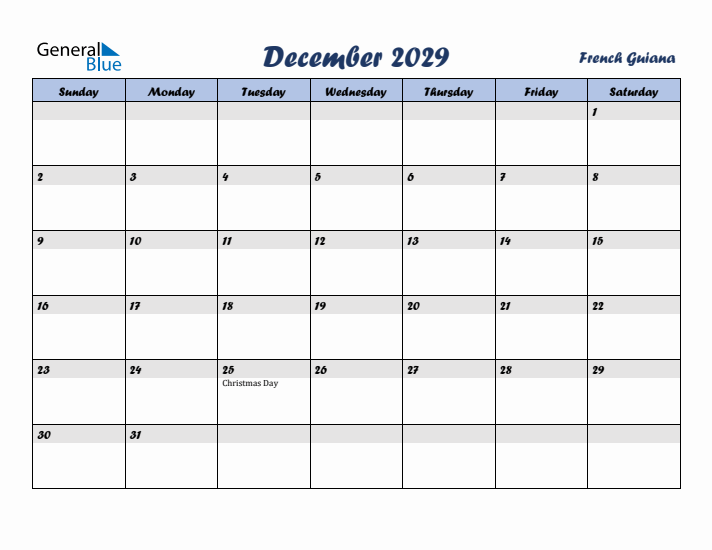 December 2029 Calendar with Holidays in French Guiana