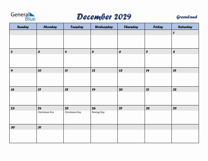 December 2029 Calendar with Holidays in Greenland