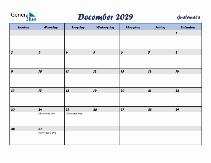 December 2029 Calendar with Holidays in Guatemala