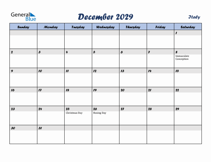 December 2029 Calendar with Holidays in Italy