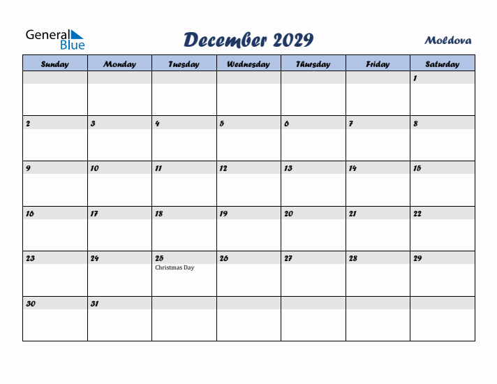 December 2029 Calendar with Holidays in Moldova